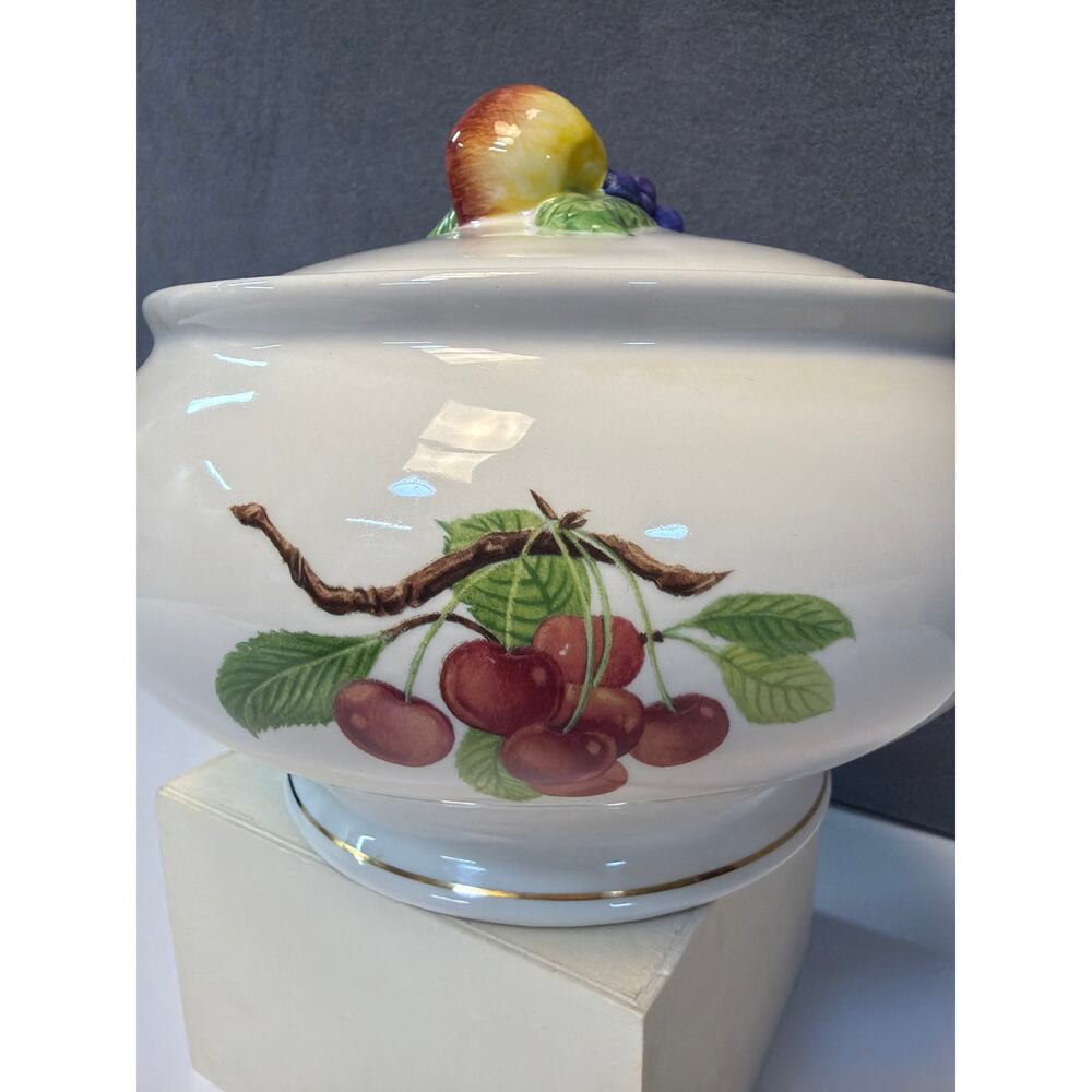 Vtg 1980s Teleflora Serving Bowl Lidded Fruit Pattern Gold Trim 8" Ceramic - Picture 5 of 10